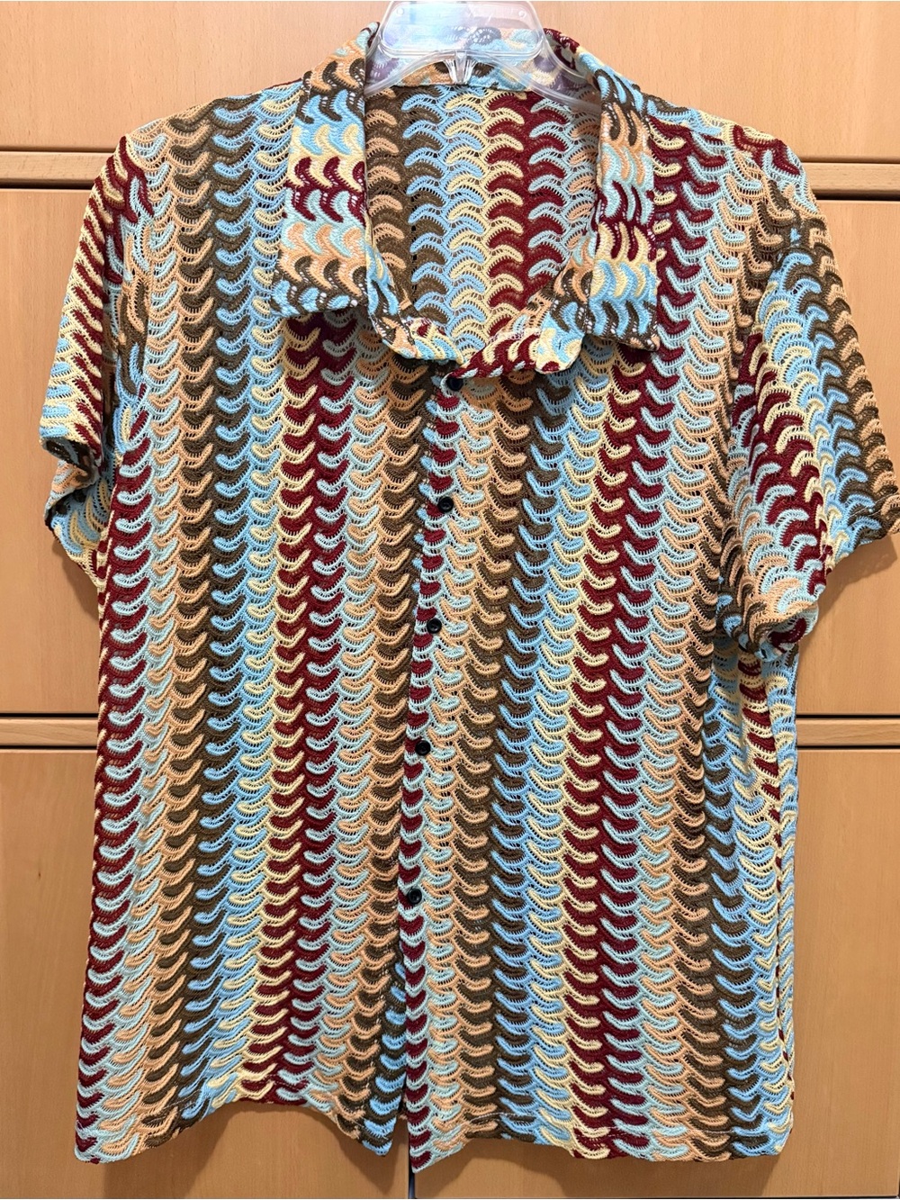 Men's Short-Sleeve Button-Up Shirt in Light Blue, Brown & Burgundy